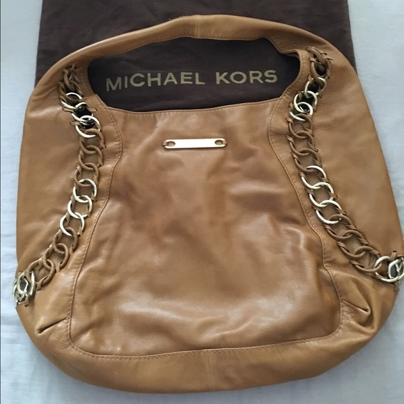 Vintage Michael Kors ID Chain Large Leather Tan Hobo Shoulder Bag Purse Handbag - Picture 2 of 5
